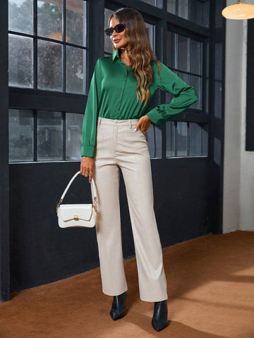 Women's Solid Color Button Front Long Sleeve Casual Blouse