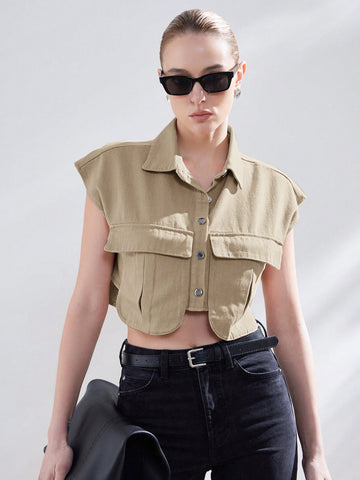 Aveloria Modichic Women's Solid Color Cropped Shirt With Flap Pockets,Ladies Casual Button,Pocket Sleeveless Collar Regular Fit Crop White Batwing Sleeve Shirt