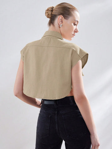 Aveloria Modichic Women's Solid Color Cropped Shirt With Flap Pockets,Ladies Casual Button,Pocket Sleeveless Collar Regular Fit Crop White Batwing Sleeve Shirt