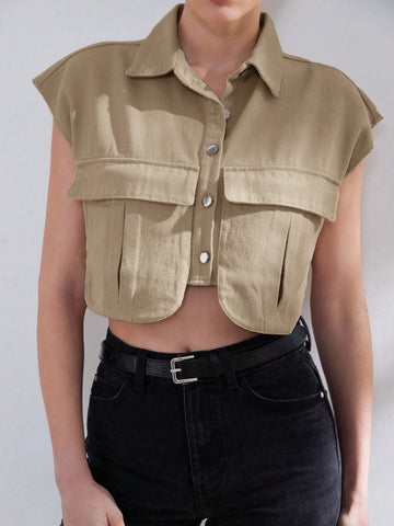 Aveloria Modichic Women's Solid Color Cropped Shirt With Flap Pockets,Ladies Casual Button,Pocket Sleeveless Collar Regular Fit Crop White Batwing Sleeve Shirt