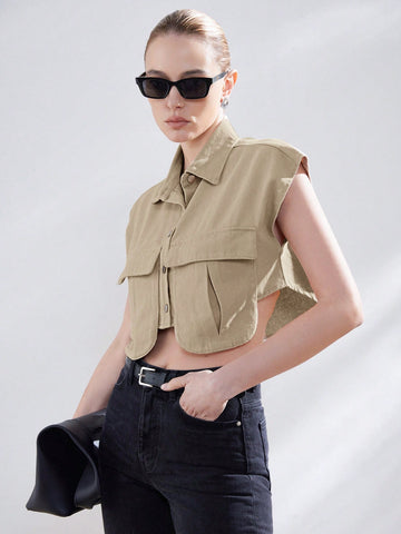 Aveloria Modichic Women's Solid Color Cropped Shirt With Flap Pockets,Ladies Casual Button,Pocket Sleeveless Collar Regular Fit Crop White Batwing Sleeve Shirt