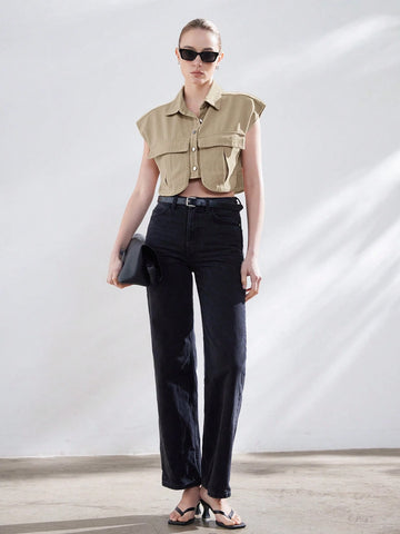 Aveloria Modichic Women's Solid Color Cropped Shirt With Flap Pockets,Ladies Casual Button,Pocket Sleeveless Collar Regular Fit Crop White Batwing Sleeve Shirt