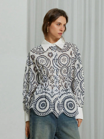 Modichic Women's Spring Autumn Long Sleeve Contrast Color Trim Line Carved Embroidered Collar & Cuff Splicing Blouse