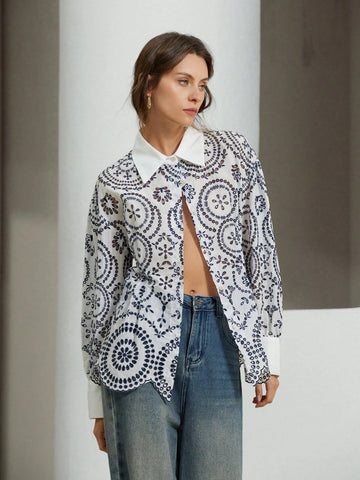 Modichic Women's Spring Autumn Long Sleeve Contrast Color Trim Line Carved Embroidered Collar & Cuff Splicing Blouse