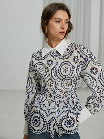 Modichic Women's Spring Autumn Long Sleeve Contrast Color Trim Line Carved Embroidered Collar & Cuff Splicing Blouse