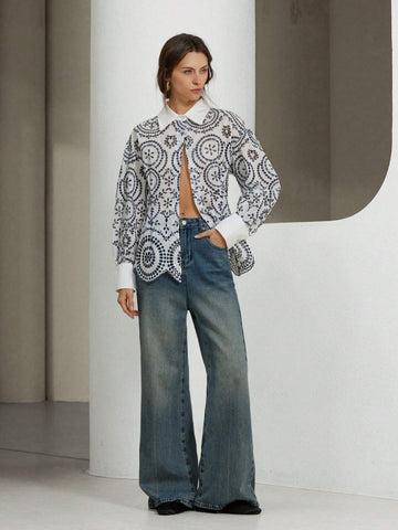 Modichic Women's Spring Autumn Long Sleeve Contrast Color Trim Line Carved Embroidered Collar & Cuff Splicing Blouse