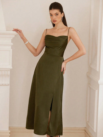Aveloria Rosie 2025 Trend Olive Green Front Pleat Slight Flare Collar Cinched Waist Back Strap Long Dress