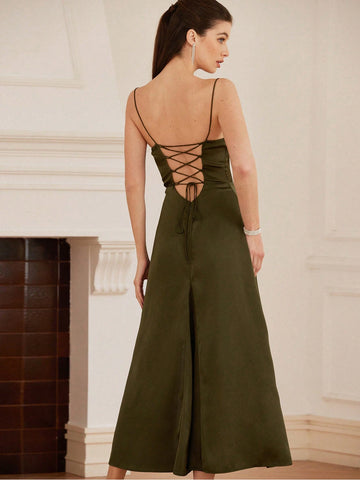 Aveloria Rosie 2025 Trend Olive Green Front Pleat Slight Flare Collar Cinched Waist Back Strap Long Dress