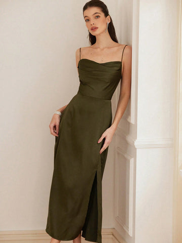 Aveloria Rosie 2025 Trend Olive Green Front Pleat Slight Flare Collar Cinched Waist Back Strap Long Dress