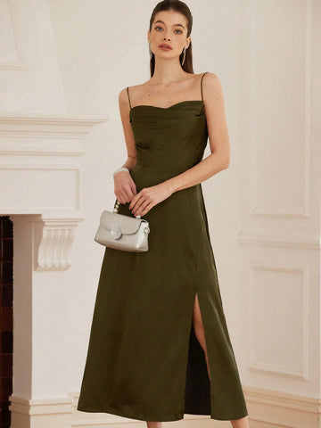 Aveloria Rosie 2025 Trend Olive Green Front Pleat Slight Flare Collar Cinched Waist Back Strap Long Dress