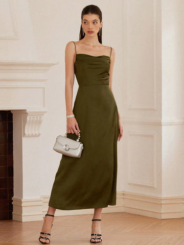 Aveloria Rosie 2025 Trend Olive Green Front Pleat Slight Flare Collar Cinched Waist Back Strap Long Dress