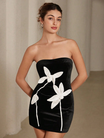 Aveloria Rosie Autumn French Romantic Elegant Contrast Color 3D Floral Party Tube Top Dress, Lovely Mini Bodycon Party Dress, Autumn/Winter