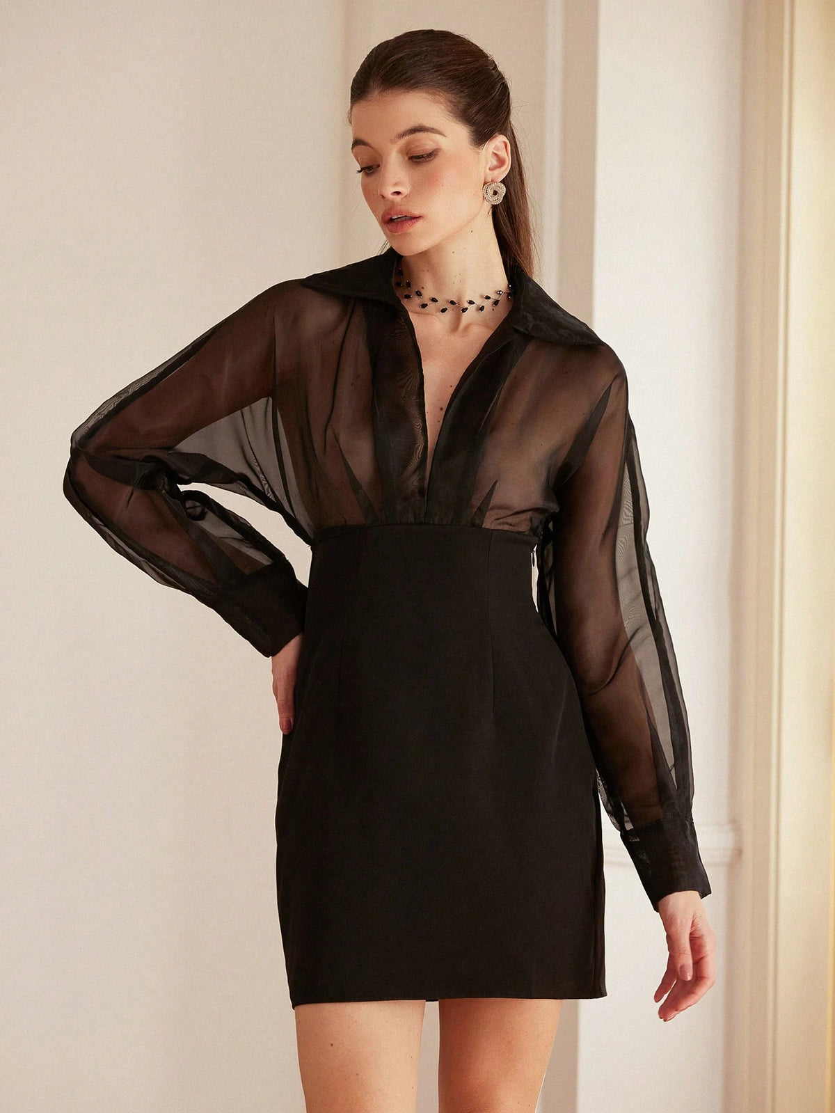 Aveloria Rosie Black Elegant High-End See-Through Organza Patchwork Long Sleeve Short Dress