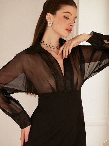 Aveloria Rosie Black Elegant High-End See-Through Organza Patchwork Long Sleeve Short Dress