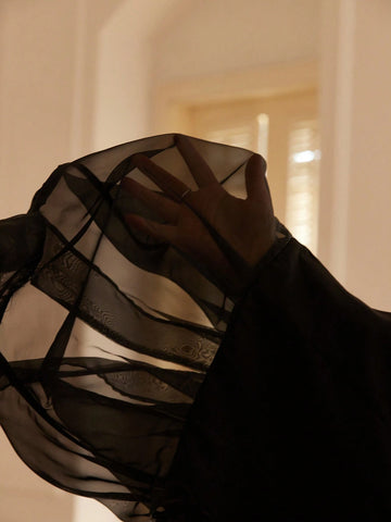 Aveloria Rosie Black Elegant High-End See-Through Organza Patchwork Long Sleeve Short Dress