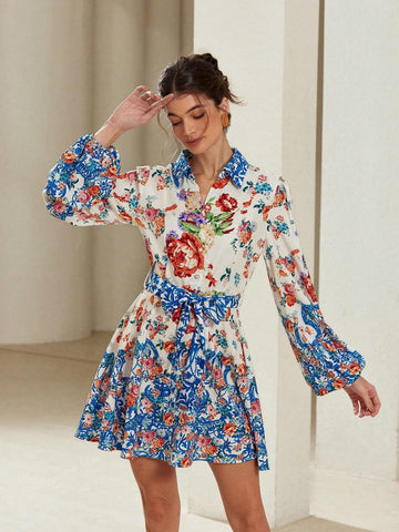 Aveloria Rosie Button Decor Collar Short Sleeve Casual Vacation Random Print Belt Decoration Ladies Mini Dress