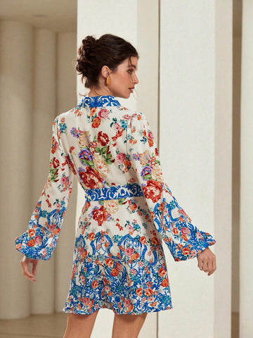 Aveloria Rosie Button Decor Collar Short Sleeve Casual Vacation Random Print Belt Decoration Ladies Mini Dress