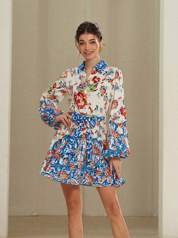 Aveloria Rosie Button Decor Collar Short Sleeve Casual Vacation Random Print Belt Decoration Ladies Mini Dress