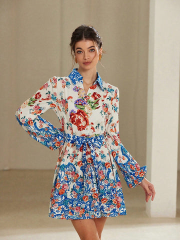 Aveloria Rosie Button Decor Collar Short Sleeve Casual Vacation Random Print Belt Decoration Ladies Mini Dress