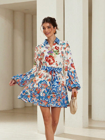 Aveloria Rosie Button Decor Collar Short Sleeve Casual Vacation Random Print Belt Decoration Ladies Mini Dress