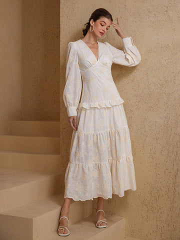Aveloria Rosie Elegant Embroidered Vintage V-Neck Waisted Splice Frill Trim Long Sleeve Dress For Women