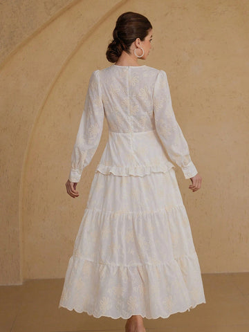 Aveloria Rosie Elegant Embroidered Vintage V-Neck Waisted Splice Frill Trim Long Sleeve Dress For Women