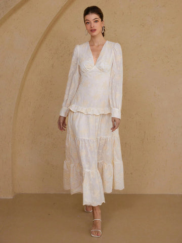 Aveloria Rosie Elegant Embroidered Vintage V-Neck Waisted Splice Frill Trim Long Sleeve Dress For Women