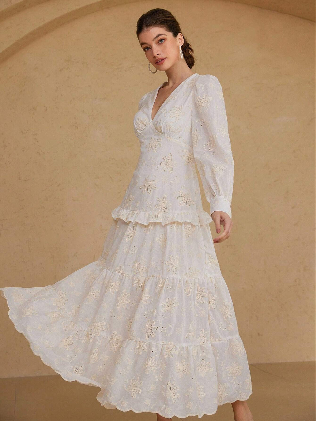 Aveloria Rosie Elegant Embroidered Vintage V-Neck Waisted Splice Frill Trim Long Sleeve Dress For Women