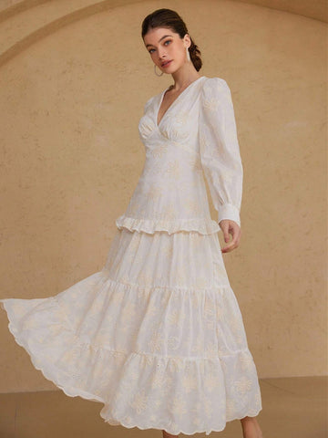 Aveloria Rosie Elegant Embroidered Vintage V-Neck Waisted Splice Frill Trim Long Sleeve Dress For Women