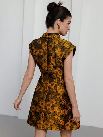 Aveloria Rosie Elegant French Lady Inspired Jacquard Short Sleeve Stand Collar Cinched Waist A-Line Mini Dress, Perfect For Dating & Occasions