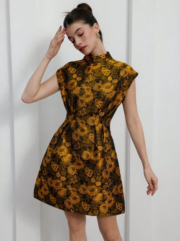 Aveloria Rosie Elegant French Lady Inspired Jacquard Short Sleeve Stand Collar Cinched Waist A-Line Mini Dress, Perfect For Dating & Occasions