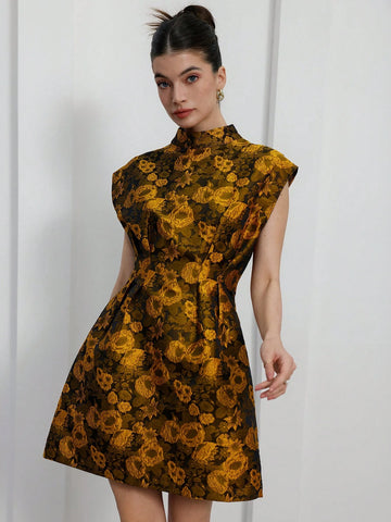 Aveloria Rosie Elegant French Lady Inspired Jacquard Short Sleeve Stand Collar Cinched Waist A-Line Mini Dress, Perfect For Dating & Occasions