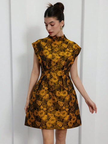 Aveloria Rosie Elegant French Lady Inspired Jacquard Short Sleeve Stand Collar Cinched Waist A-Line Mini Dress, Perfect For Dating & Occasions