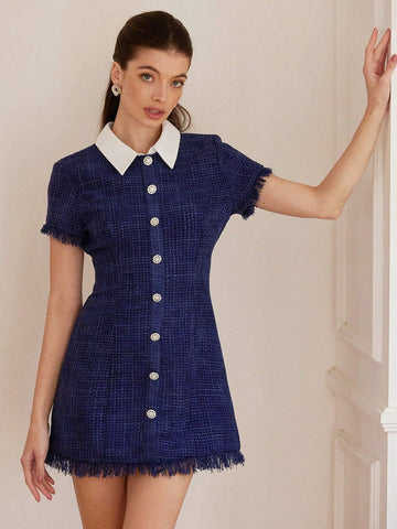 Aveloria Rosie Elegant French Palace-Style High-End Fashion Navy Wool-Blend Fringe Trim Short Sleeve Waist Cinched Waist Collared Dress For Women