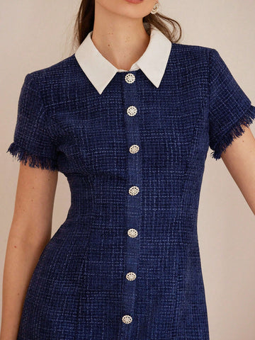 Aveloria Rosie Elegant French Palace-Style High-End Fashion Navy Wool-Blend Fringe Trim Short Sleeve Waist Cinched Waist Collared Dress For Women