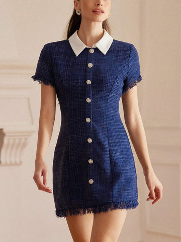 Aveloria Rosie Elegant French Palace-Style High-End Fashion Navy Wool-Blend Fringe Trim Short Sleeve Waist Cinched Waist Collared Dress For Women