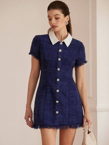 Aveloria Rosie Elegant French Palace-Style High-End Fashion Navy Wool-Blend Fringe Trim Short Sleeve Waist Cinched Waist Collared Dress For Women