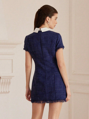 Aveloria Rosie Elegant French Palace-Style High-End Fashion Navy Wool-Blend Fringe Trim Short Sleeve Waist Cinched Waist Collared Dress For Women