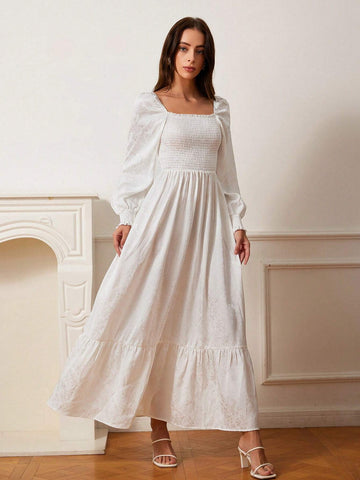 Aveloria Rosie Elegant French Style Satin Jacquard Fabric Square Neck Ruffle Trim Puff Sleeve Maxi A-Line Dress For Women