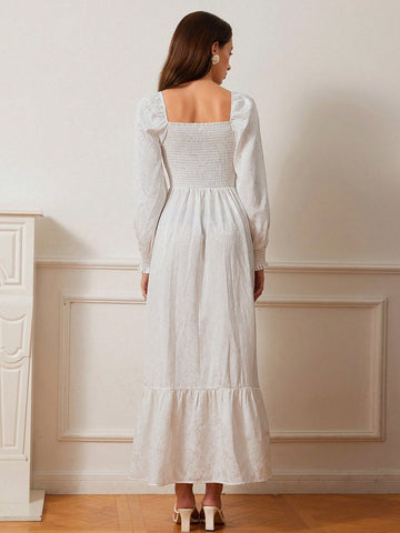 Aveloria Rosie Elegant French Style Satin Jacquard Fabric Square Neck Ruffle Trim Puff Sleeve Maxi A-Line Dress For Women