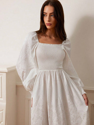 Aveloria Rosie Elegant French Style Satin Jacquard Fabric Square Neck Ruffle Trim Puff Sleeve Maxi A-Line Dress For Women