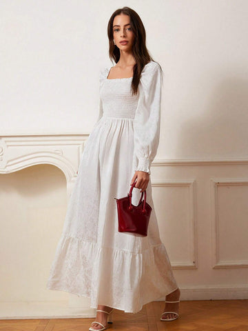 Aveloria Rosie Elegant French Style Satin Jacquard Fabric Square Neck Ruffle Trim Puff Sleeve Maxi A-Line Dress For Women