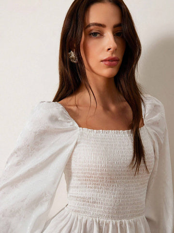 Aveloria Rosie Elegant French Style Satin Jacquard Fabric Square Neck Ruffle Trim Puff Sleeve Maxi A-Line Dress For Women