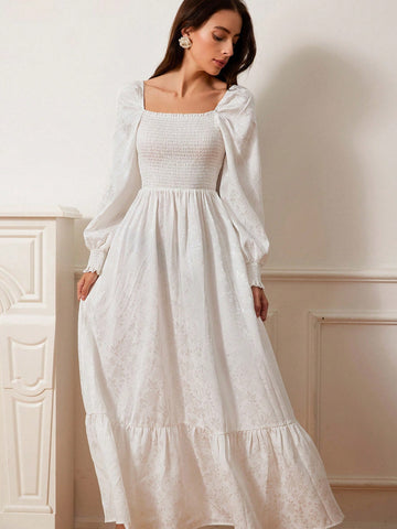 Aveloria Rosie Elegant French Style Satin Jacquard Fabric Square Neck Ruffle Trim Puff Sleeve Maxi A-Line Dress For Women