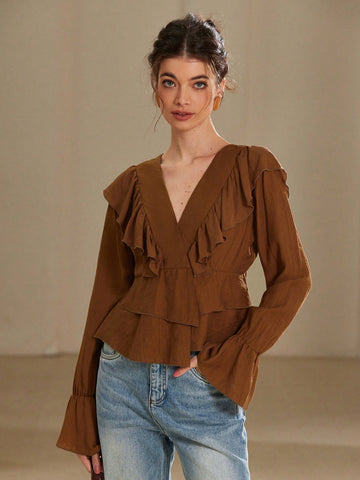 Rosie Elegant French Style V-Neck Romantic Asymmetric Ruffle Bow Tie Flare Sleeve Blouse For Women