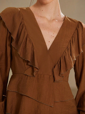 Rosie Elegant French Style V-Neck Romantic Asymmetric Ruffle Bow Tie Flare Sleeve Blouse For Women