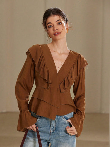 Rosie Elegant French Style V-Neck Romantic Asymmetric Ruffle Bow Tie Flare Sleeve Blouse For Women