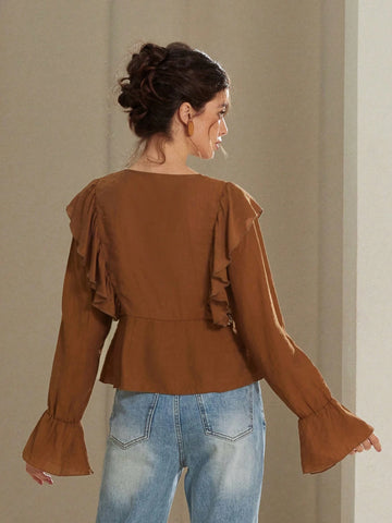 Rosie Elegant French Style V-Neck Romantic Asymmetric Ruffle Bow Tie Flare Sleeve Blouse For Women