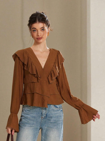Rosie Elegant French Style V-Neck Romantic Asymmetric Ruffle Bow Tie Flare Sleeve Blouse For Women