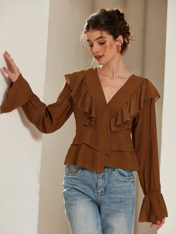 Rosie Elegant French Style V-Neck Romantic Asymmetric Ruffle Bow Tie Flare Sleeve Blouse For Women